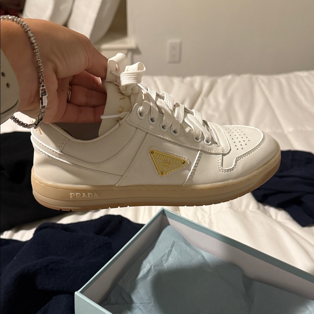 Prada Cream Sneakers with Brown Accents - Picture 3 of 7